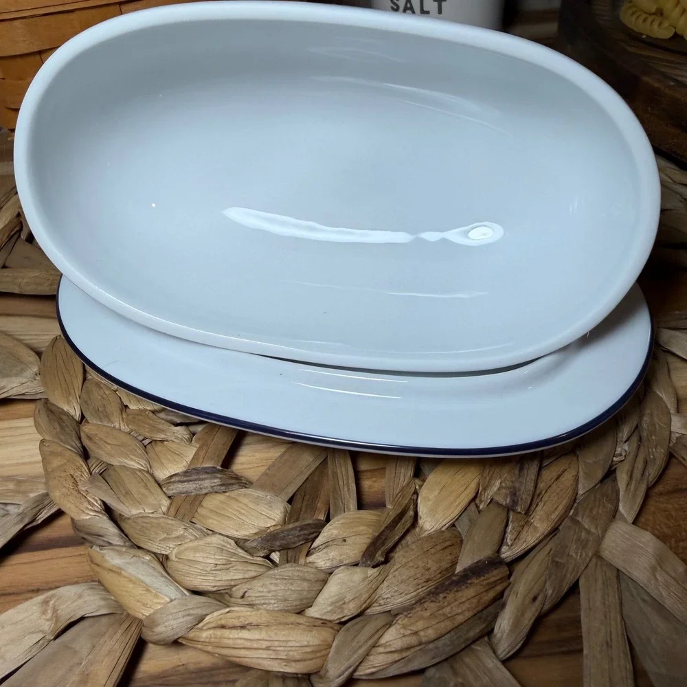 Dansk Bistro Christianshavn White Butter Dish Blue Rim Covered Porcelain Butter